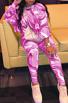 Rose Red Casual Printing Round Collar Long Sleeve Loose T-Shirt Slim Fitting Long Pants Two-Piece SM9198-1