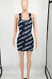 Black Digital Letter Printing Sleeveless U Neck Slim Fitting Tank Hip Mini Dress OQ016 