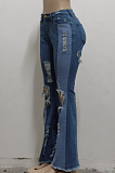 Light Blue Fashion Spliced Hole Water Washing Elastic Slim Fitting Jean Flare Pants SMR2551