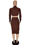 Coffee New Snap Fastenet Long Sleeve Lapel Collar Dew Waist Shirt Ruffle Drawsting Skirts Two-Piece MN8378-2