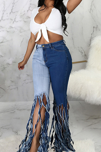Dark Blue New Tassel Spliced Hole Elastic Jean Flare Pants SMR2511