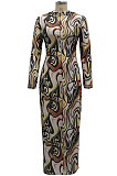 Black Sexy High Elastic Mesh Printing Long Sleeve Round Neck Boycon Dress SMR10236-2