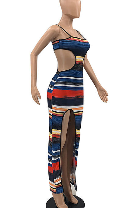 Red Women Sexy Condole Belt Hole Hollow Out Split Multicolor Printing Long Dress AYQ05015-3