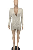 Orange Women Pure Color V Neck Shirred Detail Long Sleeve Casual Sexy Mini Dress AFM60025-2