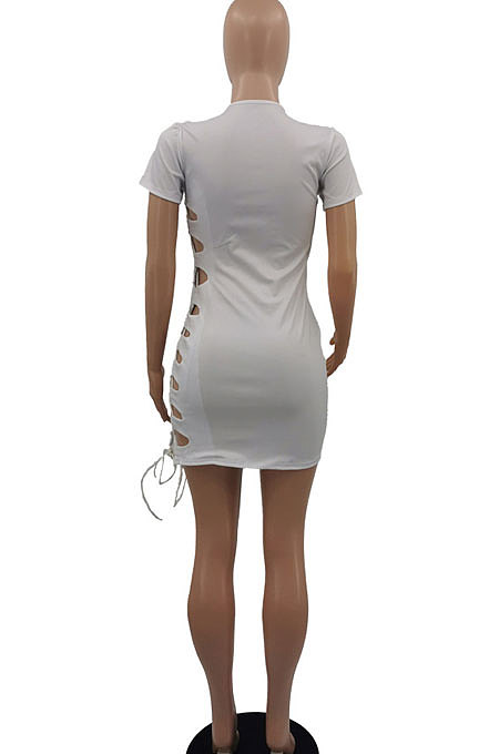 White Women Round Neck Short Sleeve Solid Color Fashion Bandage Tight Mini Dress GB1003-1