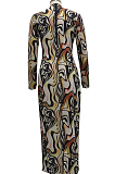 Coffee Sexy High Elastic Mesh Printing Long Sleeve Round Neck Boycon Dress SMR10236-3