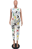 White Cute Print Sleeveless Round Neck Blouse Long Pants Casuat Sets ZNN9099-1