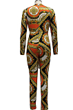 Green Cotton Bledn Digital Printing Long Sleeve Deep V Collar Bodycon Jumpsuits SMR10285-3