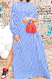 Red Stripe Print Long Sleeve O Collar Single-Breasted Shirt Slit Long Dress ZNN9103-2