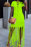 Lake Blue Cotton Blend Eyelet Drawstring Short Sleeve Tassel Solid Colur T Shirt Dress SZS8057-1