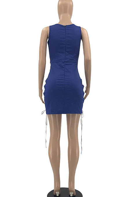Black Women Sexy Hollow Out Bandage Sleeveless Invisibility Zipper Imitation Jeans Mini Dress AYQ05017-2