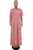 Yellow Stripe Print Long Sleeve O Collar Single-Breasted Shirt Slit Long Dress ZNN9103-1