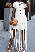 White Cotton Blend Eyelet Drawstring Short Sleeve Tassel Solid Colur T Shirt Dress SZS8057-2