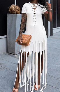 White Cotton Blend Eyelet Drawstring Short Sleeve Tassel Solid Colur T Shirt Dress SZS8057-2