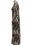 Coffee Sexy High Elastic Mesh Printing Long Sleeve Round Neck Boycon Dress SMR10236-3