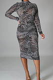 Pine Sexy High Elastic Mesh Printing Long Sleeve Round Neck Boycon Dress SMR10236-1