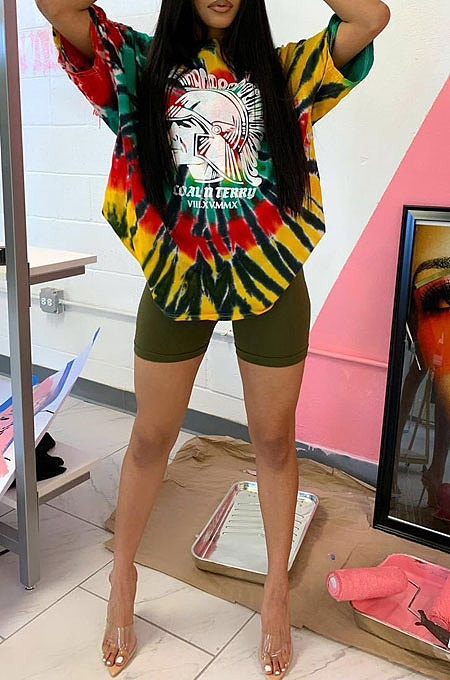 Red Women Casual Short Sleeve Round Neck Printing Shorts Sets AYQ5121