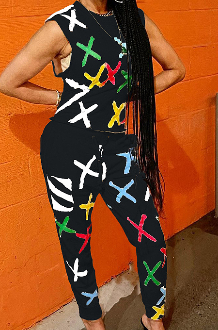 Black Cute Print Sleeveless Round Neck Blouse Long Pants Casuat Sets ZNN9099-2