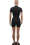 Red Women Short Sleeve Zipper Pure Color Casual Fashion Shorts Sets GB1009-2
