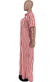 Blue Stripe Print Long Sleeve O Collar Single-Breasted Shirt Slit Long Dress ZNN9103-3