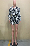 Black White Stripe Printing Lapel Neck Long Sleeve Singel-Breasted Shirts High Waist Shorts Casual Sets D8452