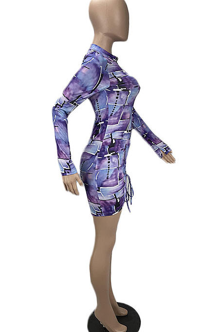 Green Women Printing Pattern Shirred Detail Tight Long Sleeve Mini Dress KXL851-3