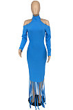 Sky Blue Trendy Tassel Backless Solid Color Long Dress AFM60028
