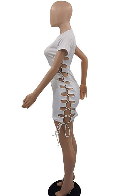 Yellow Women Round Neck Short Sleeve Solid Color Fashion Bandage Tight Mini Dress GB1003-2