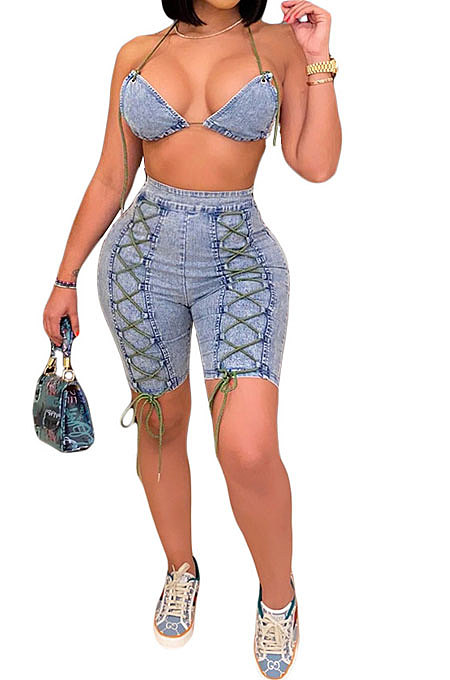 Light Blue Elastic Force Jeans Shorts Zipper Condole Belt Strapless Tank Shorts Sets CN0093