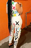 White Cute Print Sleeveless Round Neck Blouse Long Pants Casuat Sets ZNN9099-1