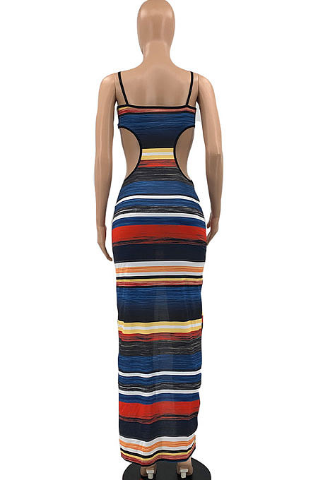 Green Women Sexy Condole Belt Hole Hollow Out Split Multicolor Printing Long Dress AYQ05015-2