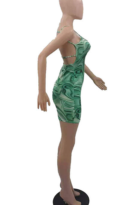 Green Trendy Casual Sexy Backless Condole Belt Printing Mini Dress GB1001-1