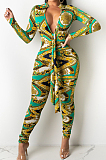 Green Cotton Bledn Digital Printing Long Sleeve Deep V Collar Bodycon Jumpsuits SMR10285-3