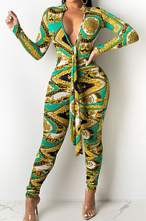 Green Cotton Bledn Digital Printing Long Sleeve Deep V Collar Bodycon Jumpsuits SMR10285-3