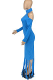 Sky Blue Trendy Tassel Backless Solid Color Long Dress AFM60028