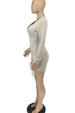Orange Women Pure Color V Neck Shirred Detail Long Sleeve Casual Sexy Mini Dress AFM60025-2