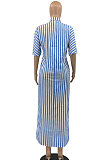 Blue Women Strap Printing Split Lower Hem T Shirt/Shirt Dress AYQ05016-1