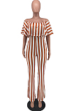 Red Stripe Print Flounce A Word Shoulder Casual Wide Leg Jumpsuits ZNN9102-1