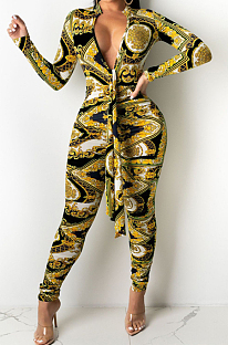 Yellow Cotton Bledn Digital Printing Long Sleeve Deep V Collar Bodycon Jumpsuits SMR10285-1