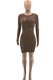 Brown Sexy Hollow Out Long Sleeve Round Neck Hip Solid Color Mini Dredd SZS8010-3