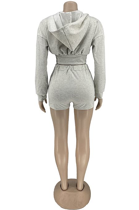 Black Cotton Blend Long Sleeve Hoodie V Neck Whit Pocket Shorts Solid Colou Sports Sets ZNN9100-2