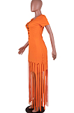 Neon Green Cotton Blend Eyelet Drawstring Short Sleeve Tassel Solid Colur T Shirt Dress SZS8057-5