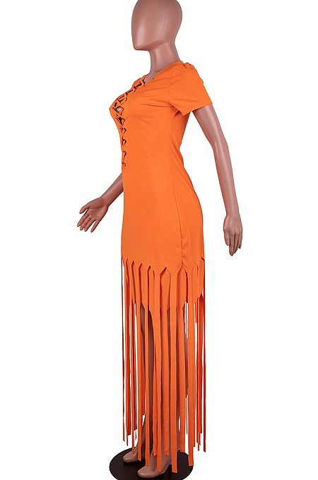Neon Green Cotton Blend Eyelet Drawstring Short Sleeve Tassel Solid Colur T Shirt Dress SZS8057-5