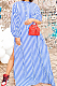 Blue Stripe Print Long Sleeve O Collar Single-Breasted Shirt Slit Long Dress ZNN9103-3