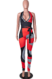Rose Red Digital Printing Spliced Halter Neck Deep V Collar Sleeveless Bowknot Sexy Bodycon Jumpsuits SZS8025-2