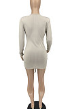 Apricot Women Pure Color V Neck Shirred Detail Long Sleeve Casual Sexy Mini Dress AFM60025-1