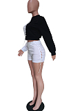 Neon Green Spliced Eyelet Bandage Long Sleeve O Collar Blouse Shorts Two-Piece BBN188-3