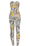 White Women Trendy Printing Strapless Tied Holow Out Bodycon Jumpsuits BYQ1006