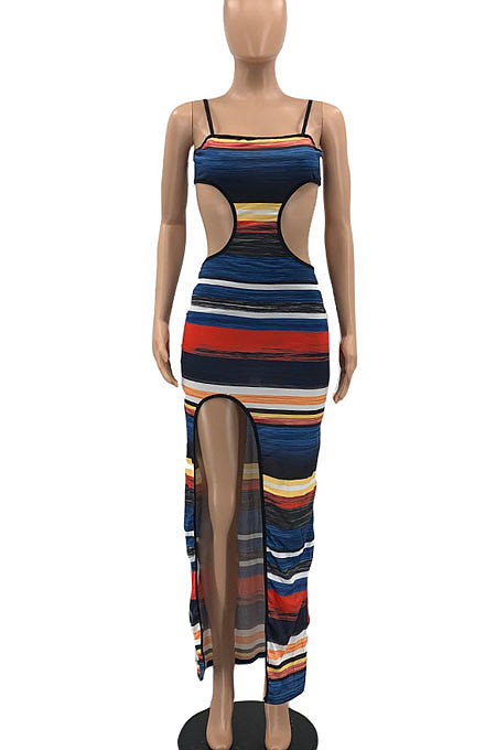 Green Women Sexy Condole Belt Hole Hollow Out Split Multicolor Printing Long Dress AYQ05015-2