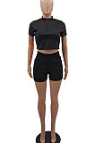 Black Women Short Sleeve Zipper Pure Color Casual Fashion Shorts Sets GB1009-1